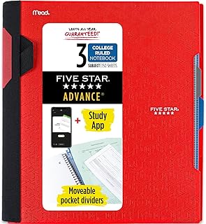 Five Star Caderno espiral Advance Plus Study App, 3 assuntos, papel pautado universitário, 28 x 21 cm, 150 folhas, com protetor espiral e divisórias móveis, vermelho fogo, 1 unidade (73134)