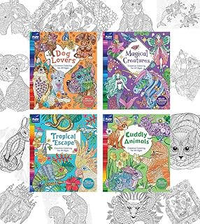 Deluxe Coloring Books Set for all ages, Set of 4 - Relaxing Adult Coloring Books for Stress Relief, Coloring Book for Adults featuring Magical Creatures, Tropical Escape, Cuddly Animals & Cute Dogs