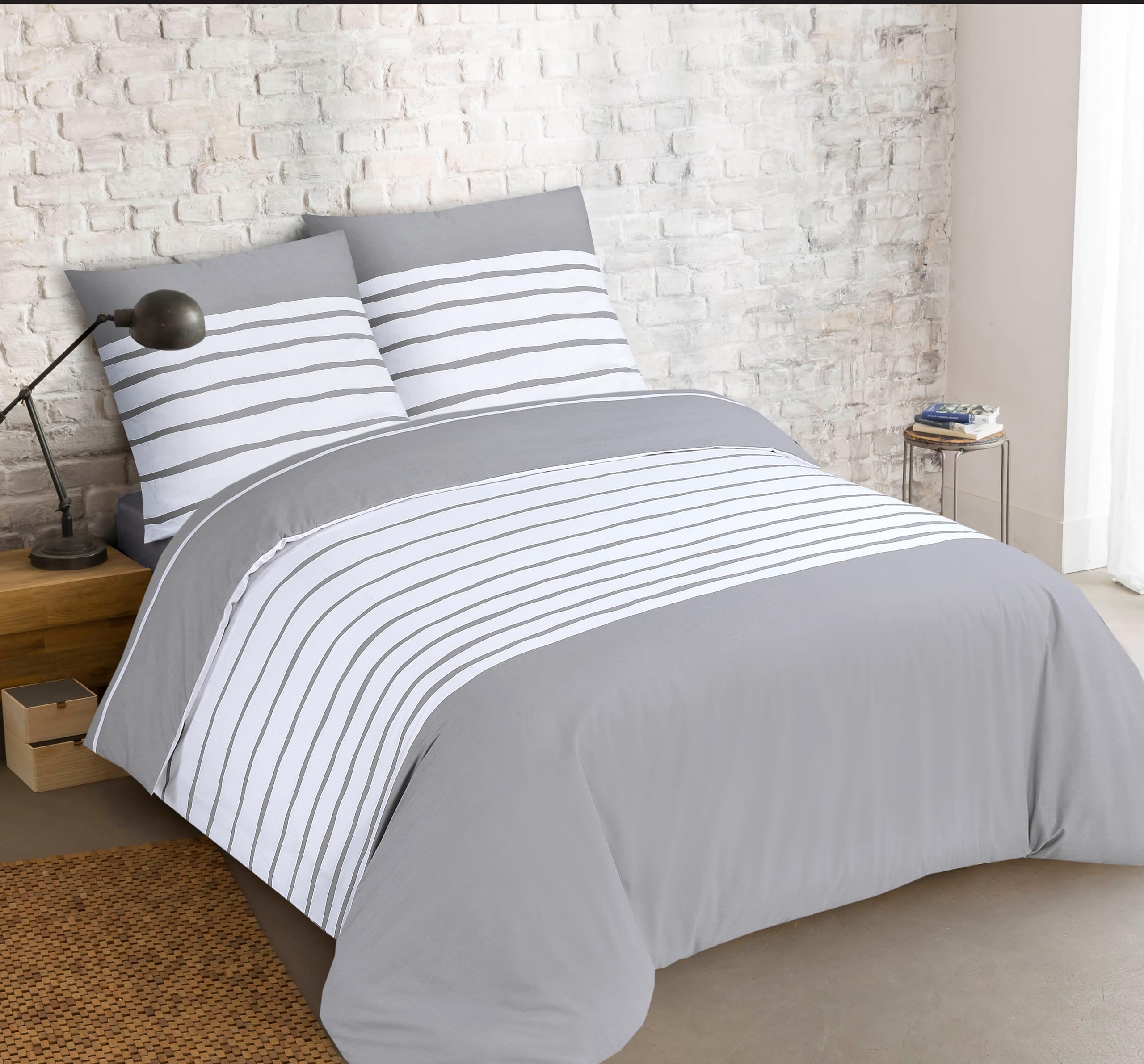 VISION Mia Grigio/Bianco - 100% cotone - Set Copripiumoni matrimoniale reversibile 260 x 240cm con 2 federe 65 x 65cm per letto matrimoniale maxi - Morbido e confortevole - Certificato Oeko-Tex