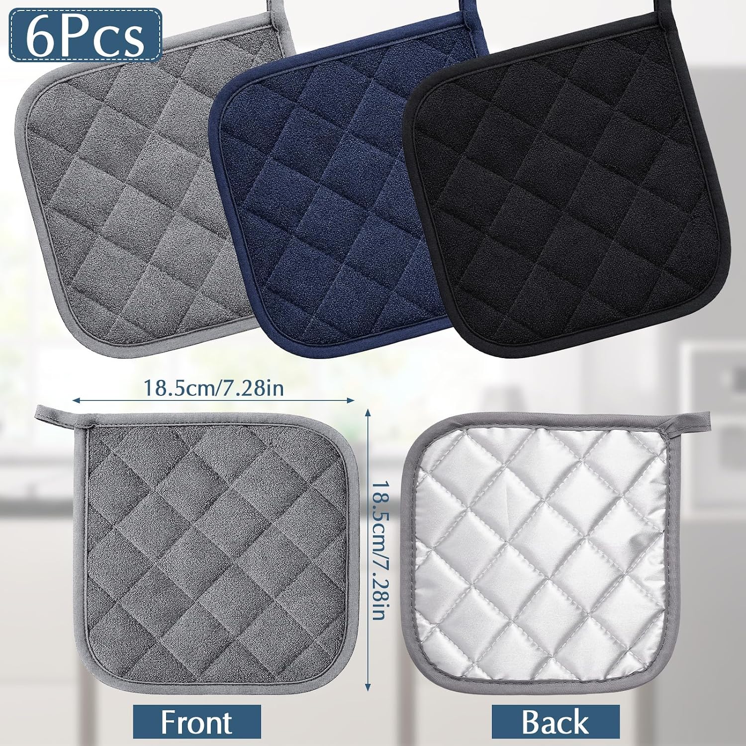 6 PCS Cotton Pot Holders for Kitchen Heat Resistant Hot Pads Square Potholders Set Oven Mitts Trivets Black Blue Grey Kitchen Accessories