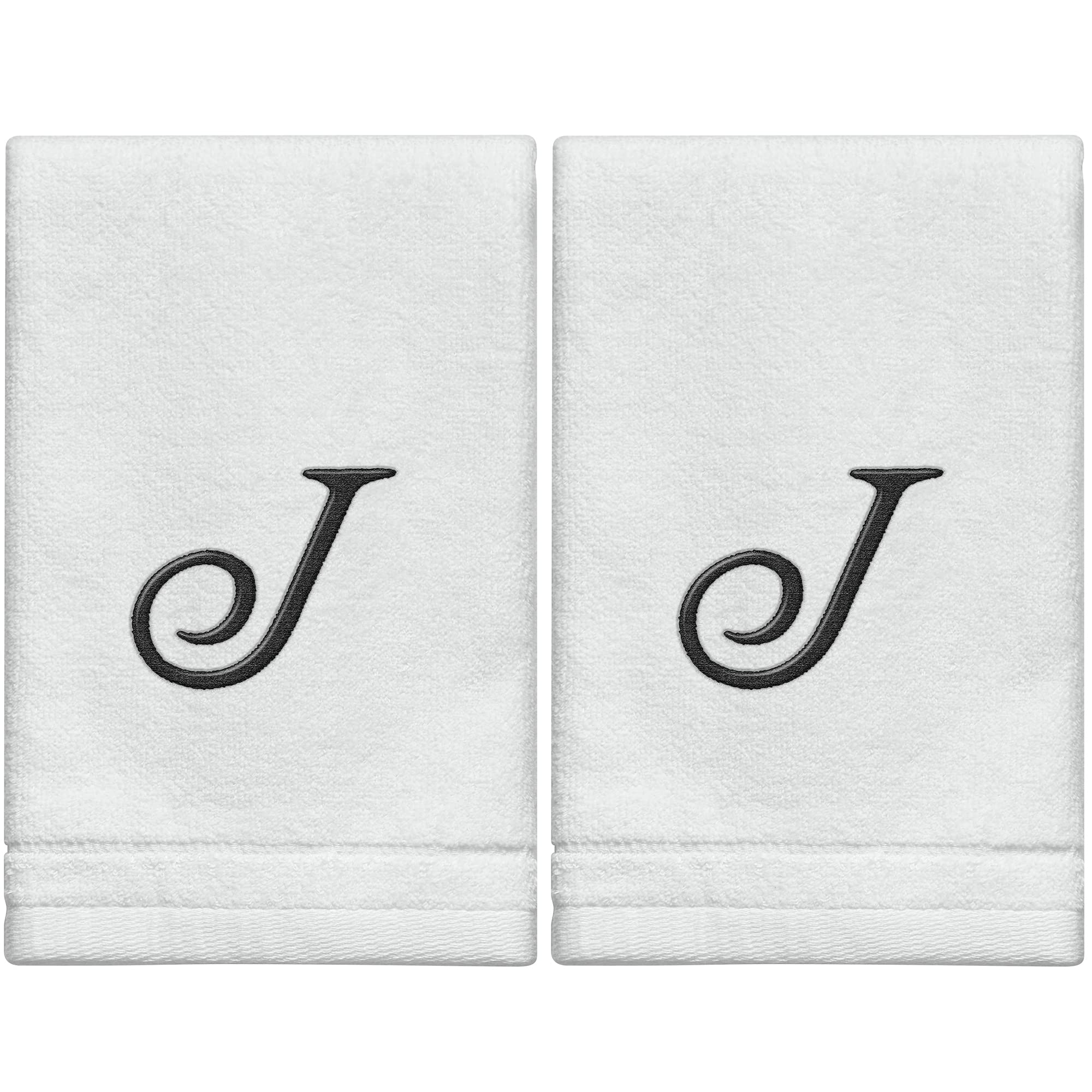 Toallas con Monograma, Regalo Personalizado, 11 x 18 Pulgadas, Juego de 2, Toallas Bordadas Negras, 100% algodón, Acabado de Terciopelo Suave, para baño, Cocina, SPA, Inicial J (Blanco)