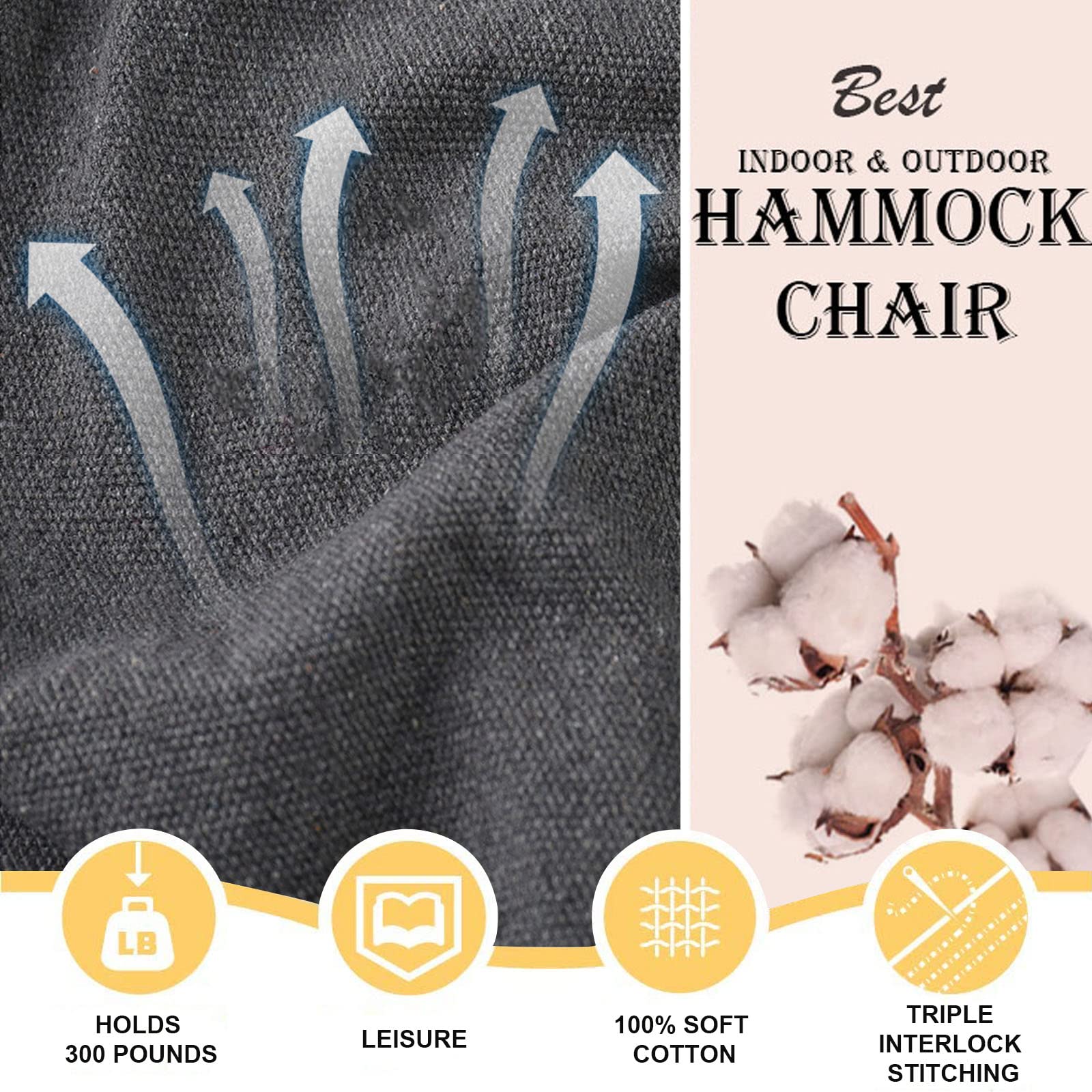 Hamaca Silla Columpio Algodón Interior Exterior Hamaca Colgante para Silla Asiento Hogar 2 Cojines incluidos para Niños y Adultos para Terraza Jardín Patio (I)