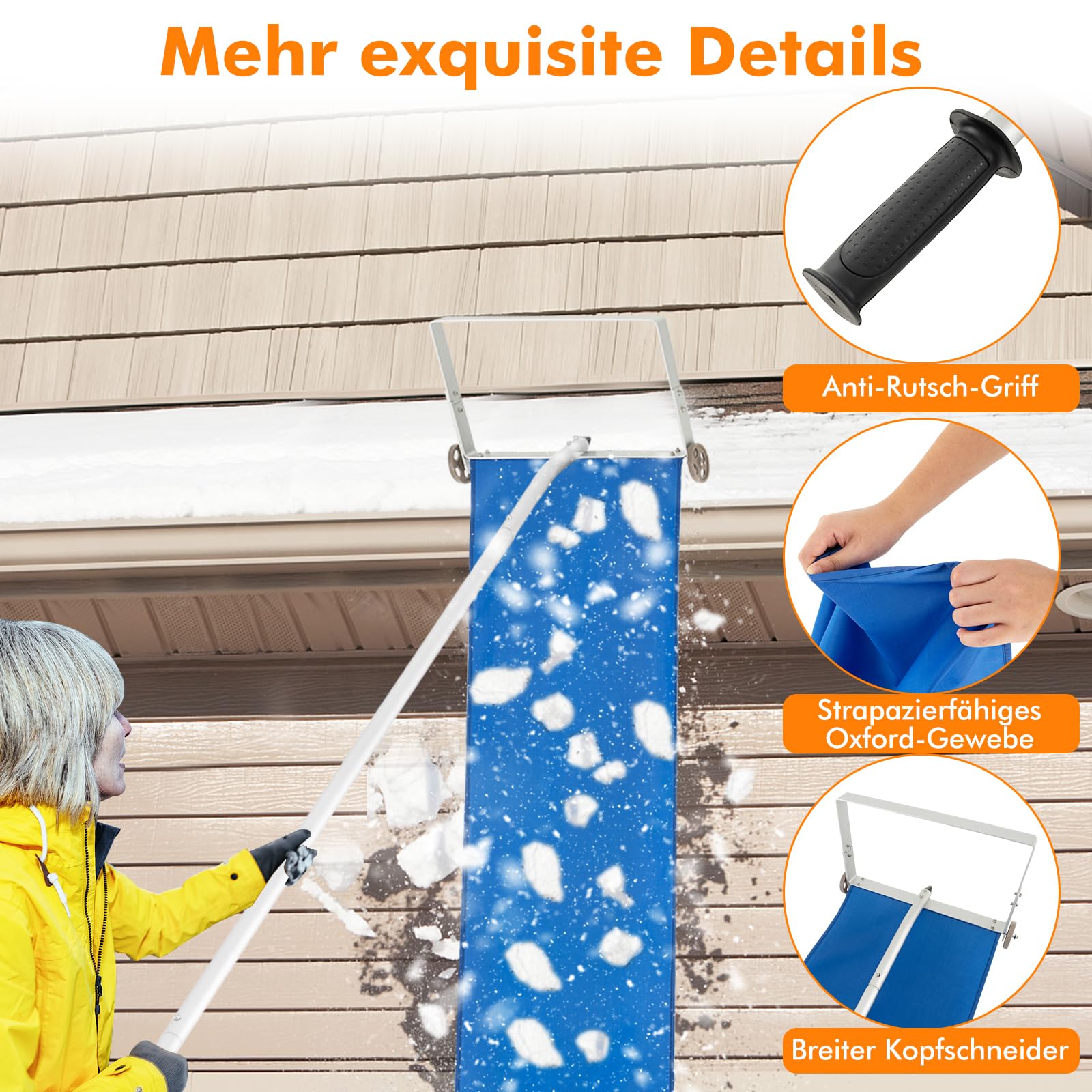 COSTWAY Schneeräumer mit Rollen für Dach, Dachschneeräumer mit Teleskopstiel, rutschfestem Griff, Dachräumer, Schneeschaufel, Schneeschieber aus Aluminium, Einstellbereich 151-611 cm