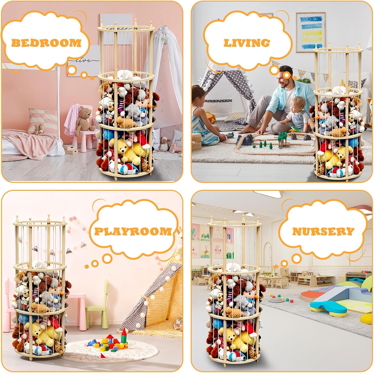 Extra Large Wooden Stuffed Animal Storage Zoo, Natural Wood Stuffy Animal Holder, Space-Saving Plushies Storage for Playroom Nursery (55" H * 22" D)