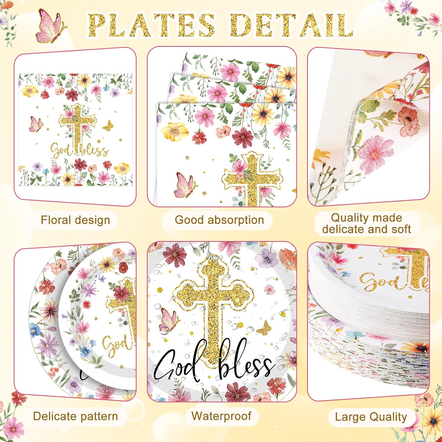 400 Pcs God Bless Baptism Party Decoration Girl for 50, Wildflower First Holy Communion Paper Plates Napkins Cups Cutlery Disposable Tableware for Religious Christening Baby Shower Supply
