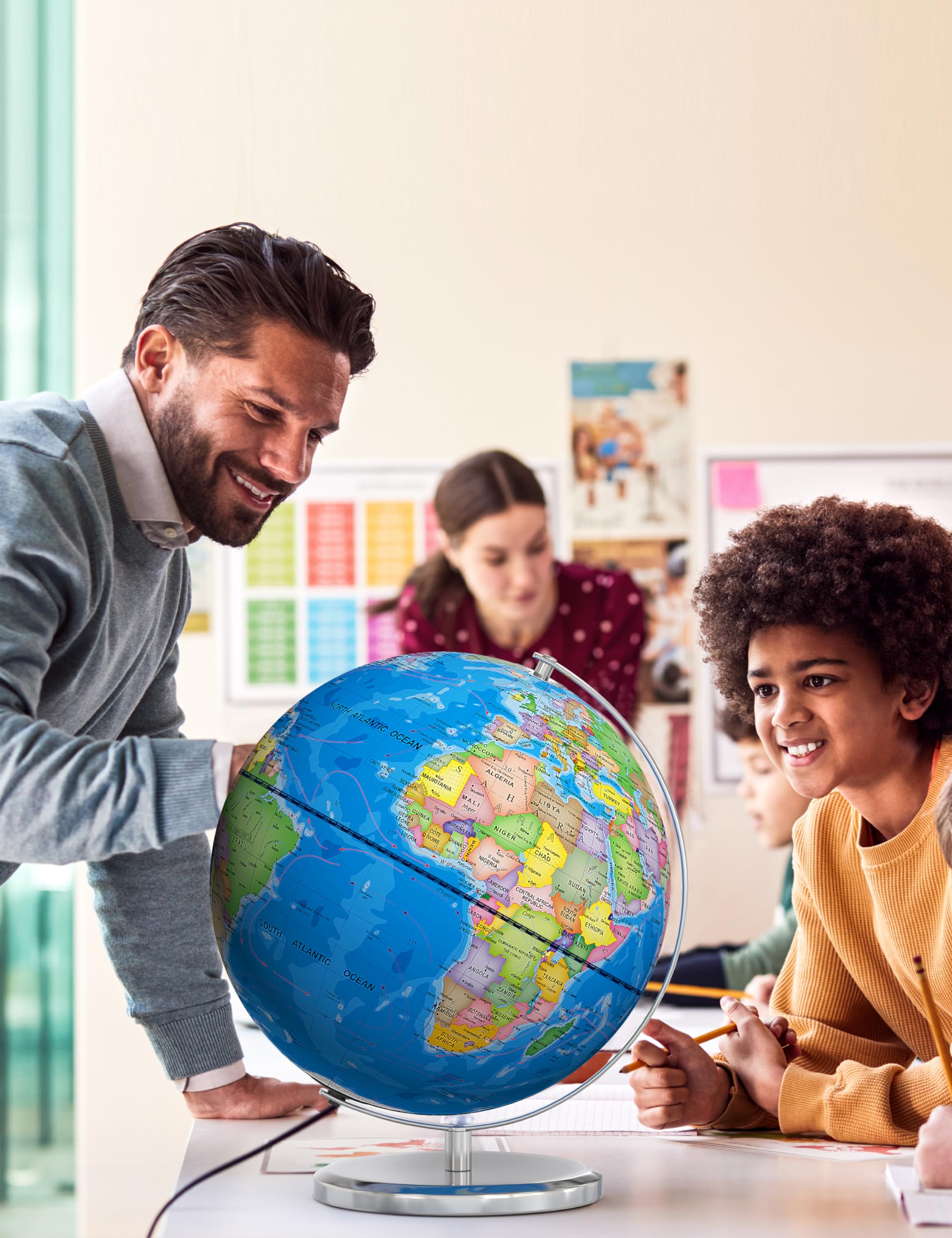 Globo del mundo de 13 pulgadas con base estable de metal pesado, globo educativo para el aprendizaje de los niños, lámpara de globos grandes con detalles coloridos del mapa del mundo HD 6