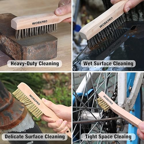 Miniatura 6 de WORKPRO Juego de 6 cepillos de alambre de latónacero inoxidable, tamaño pequeño y grande con mango de madera de haya para limpiar óxido, pintura y
