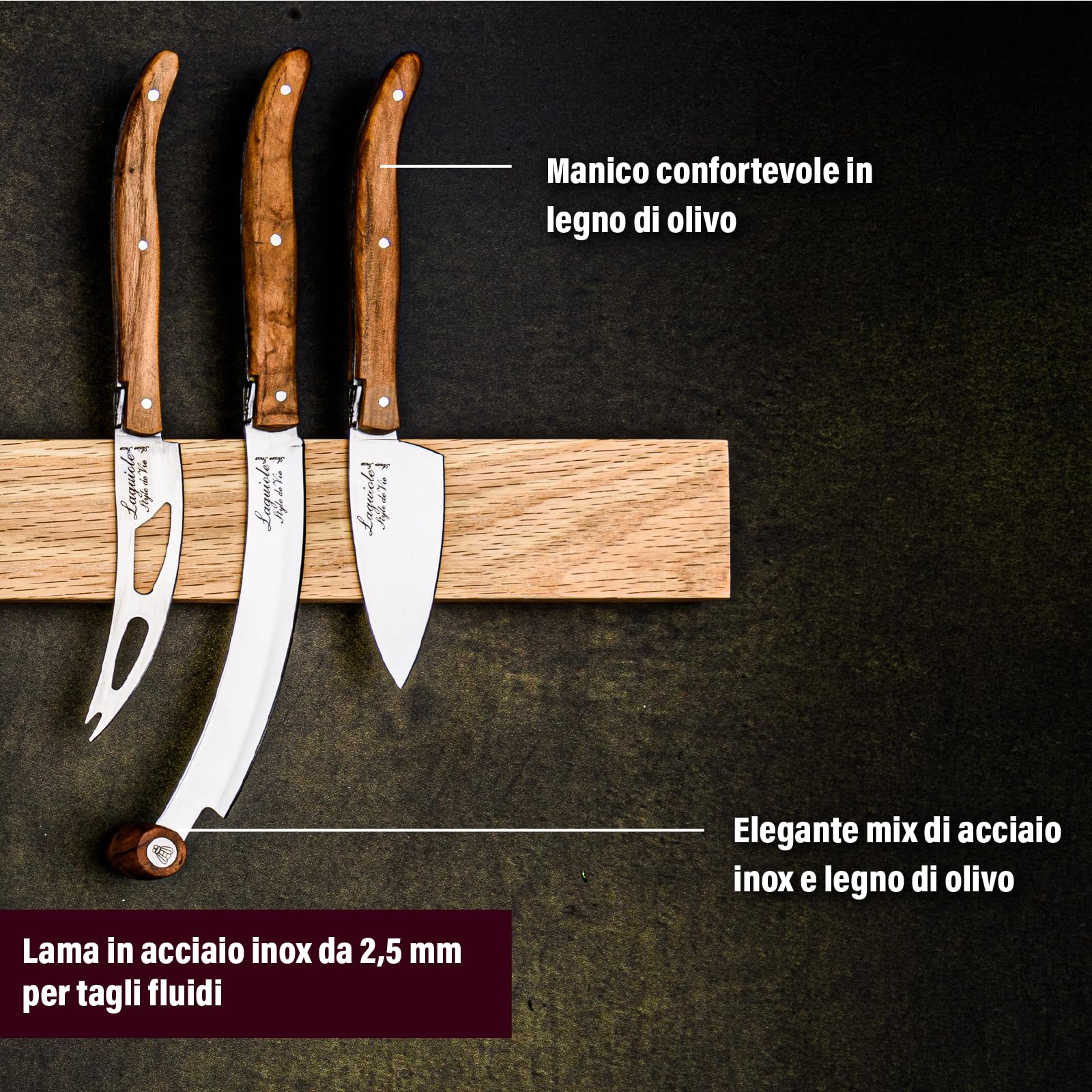 Laguiole Style de Vie Coltello da Formaggio Luxury Line, 3 Pezzi, legno d'ulivo
