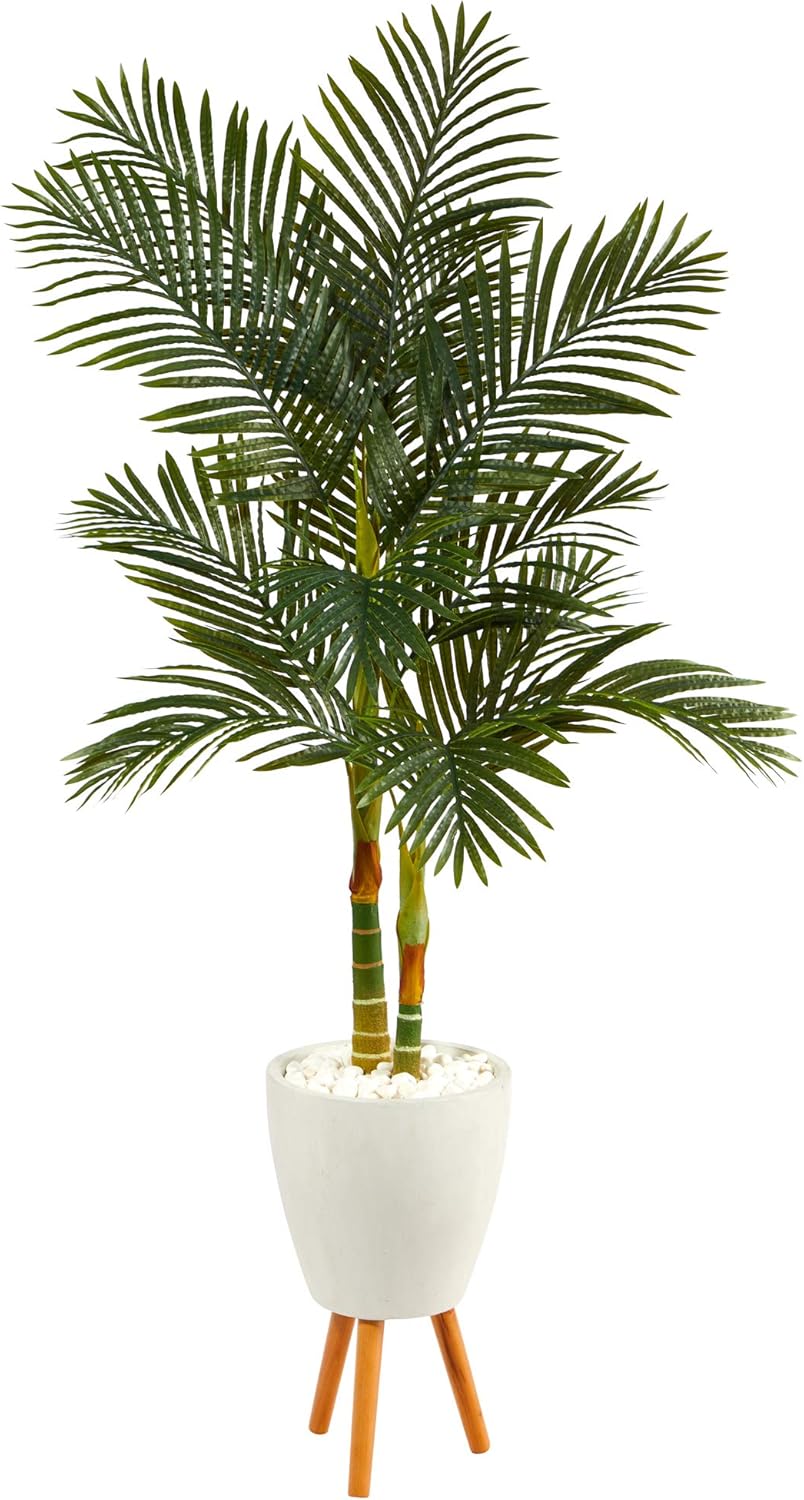 Nearly Natural 70in. Golden Cane Artificial Palm Tree in White Planter with Stand