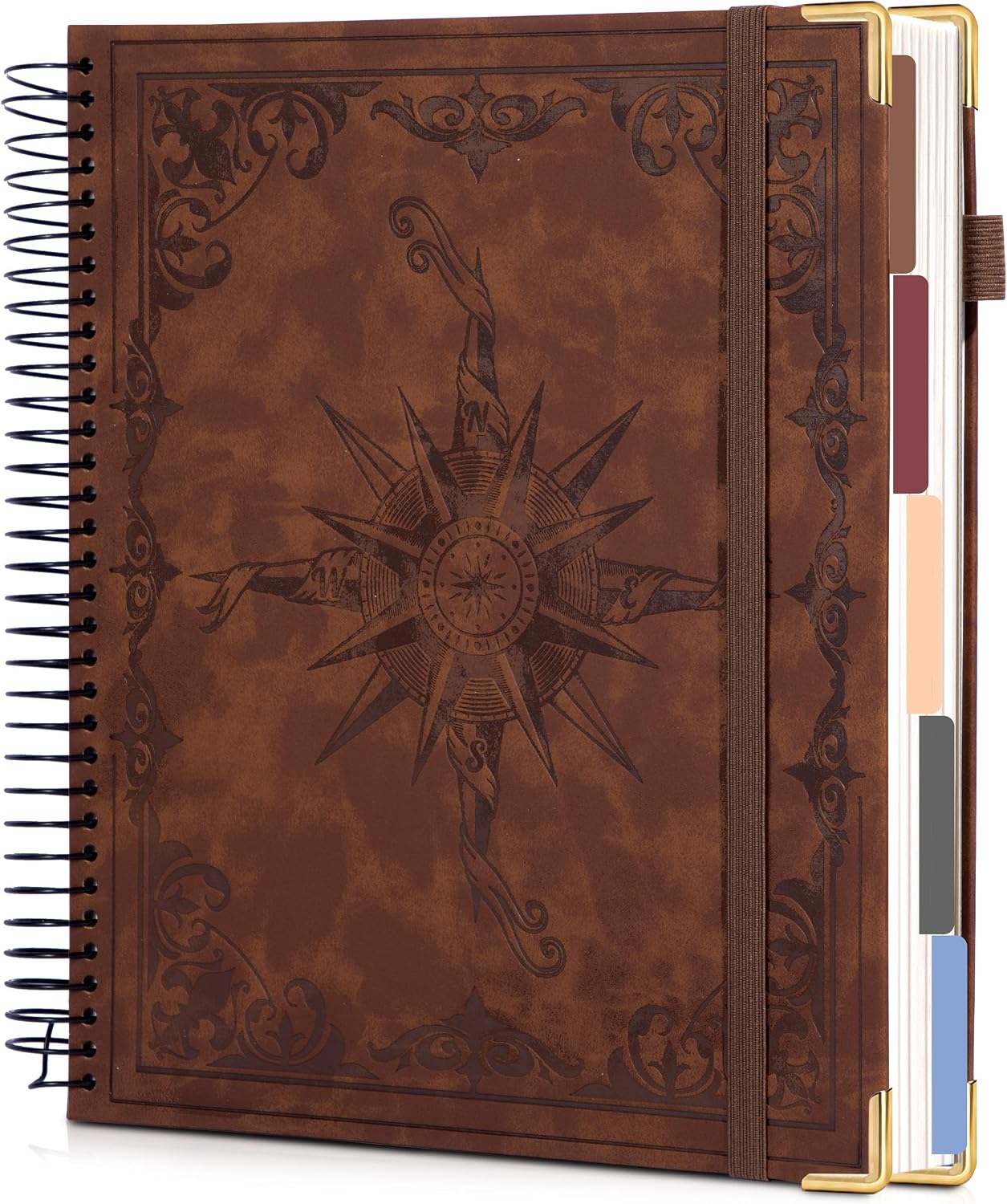 5 Subject Notebook with Dividers, Leather Spiral Journal, 8.5x11, Brown