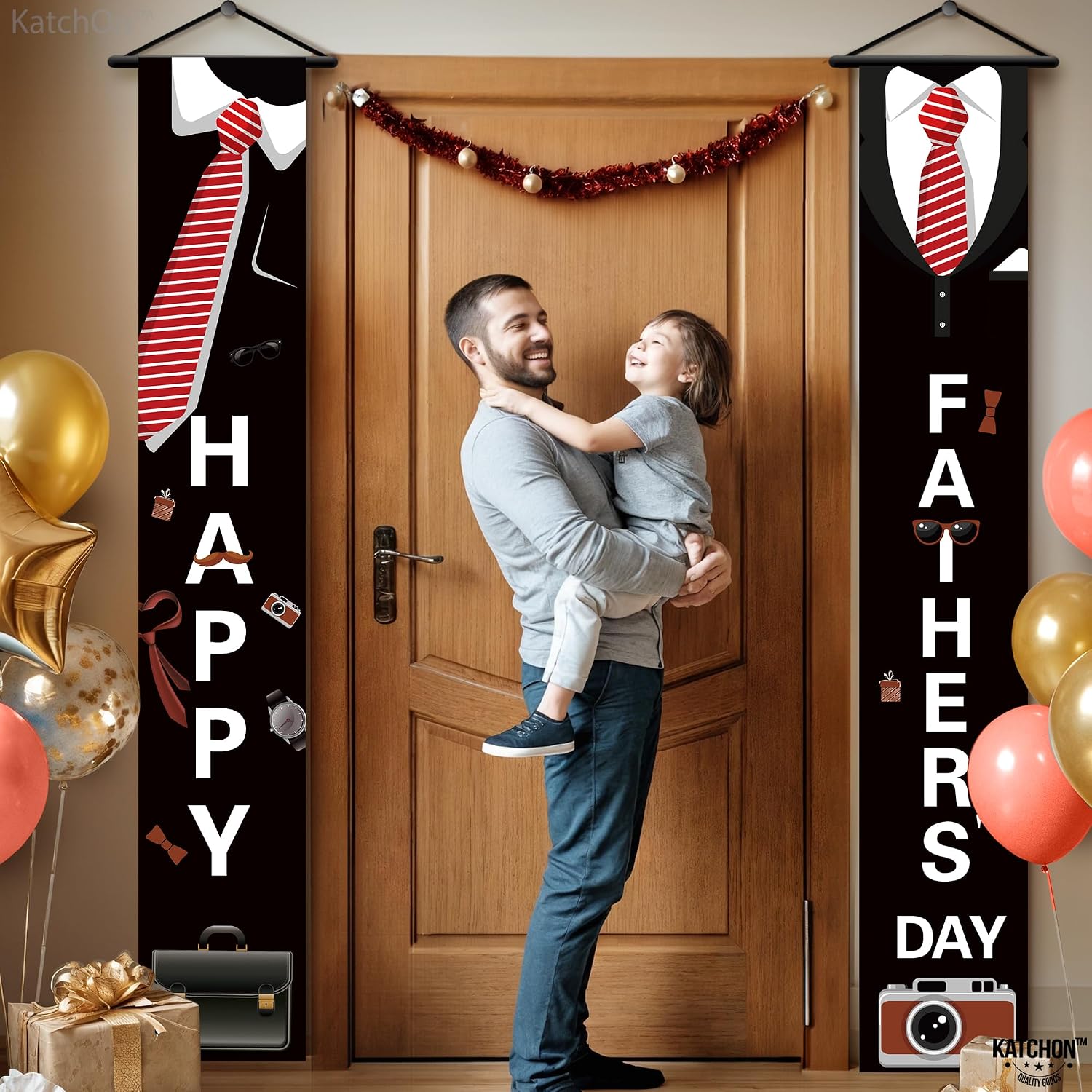 KatchOn, Black Happy Fathers Day Banner - XtraLarge, 72x12 Inch | Tuxedo Hanging Happy Fathers Day Backdrop for Happy Fathers Day Decorations | Fathers Day Door Banner for Fathers Day Door Decorations