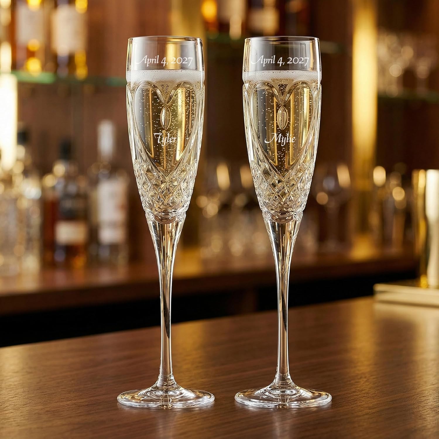 Waterford Personalized True Love Wedding Champagne Flutes, Set of 2 Custom Engraved 7oz Crystal Champagne Glasses for Bride and Groom