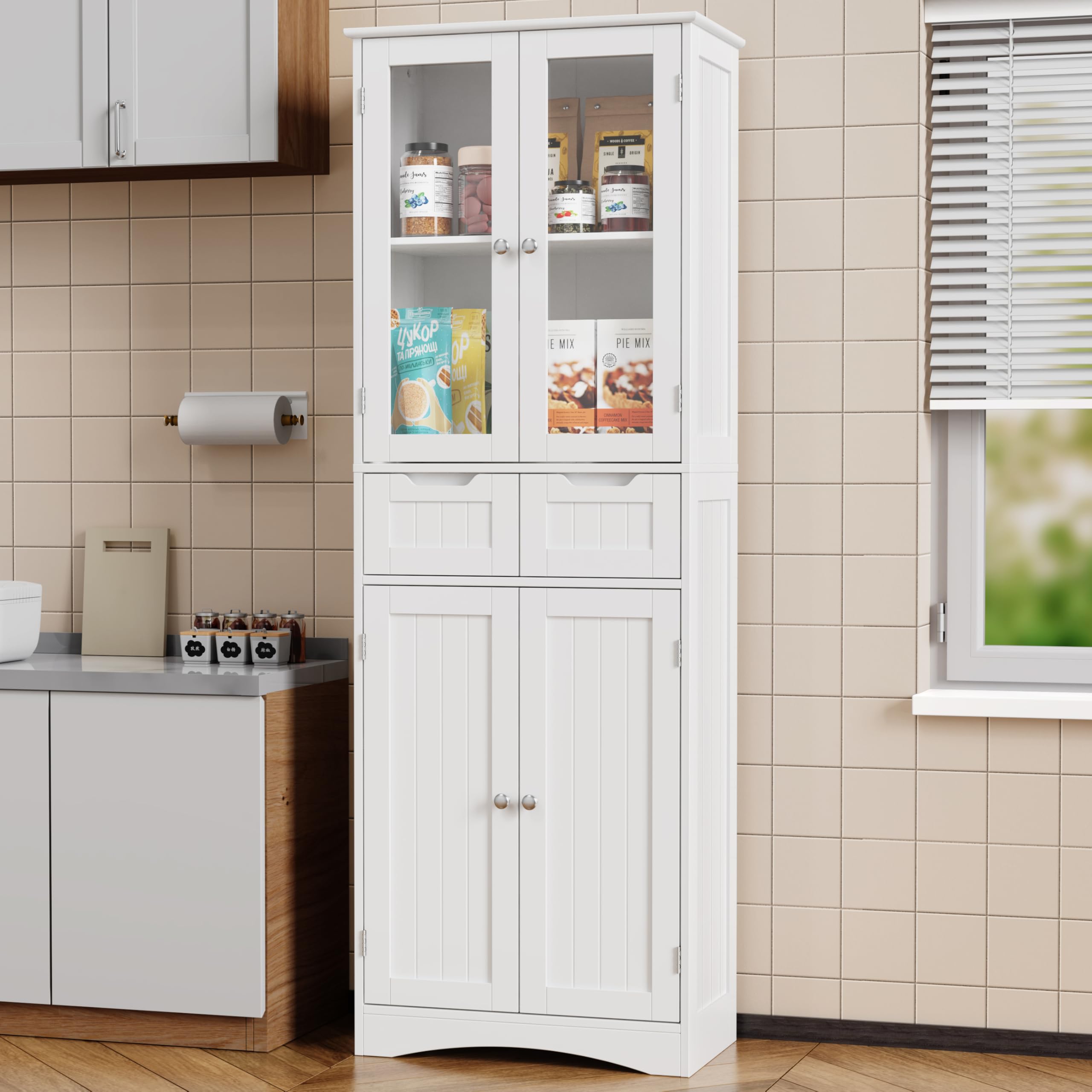 Xbro 170cm Alacena de Cocina, Mueble Despensa con 4 Armarios y 2 Cajones, Armario con Diseño Antivuelco, Alacena de Madera para Cocina, Salón y Comedor (Blanco)