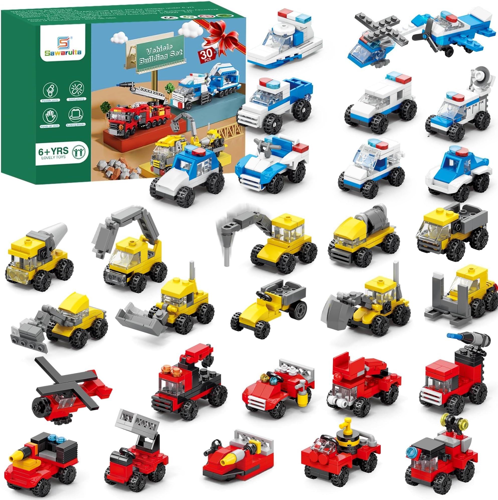 Sawaruita 30-Pack Mini Car Building Blocks Party Favors for Kids | Fire Truck, City Police Car, Construction Vehicle, Birthday Goodies Bag, Easter Filling, Classroom Prizes, Boys 6-12