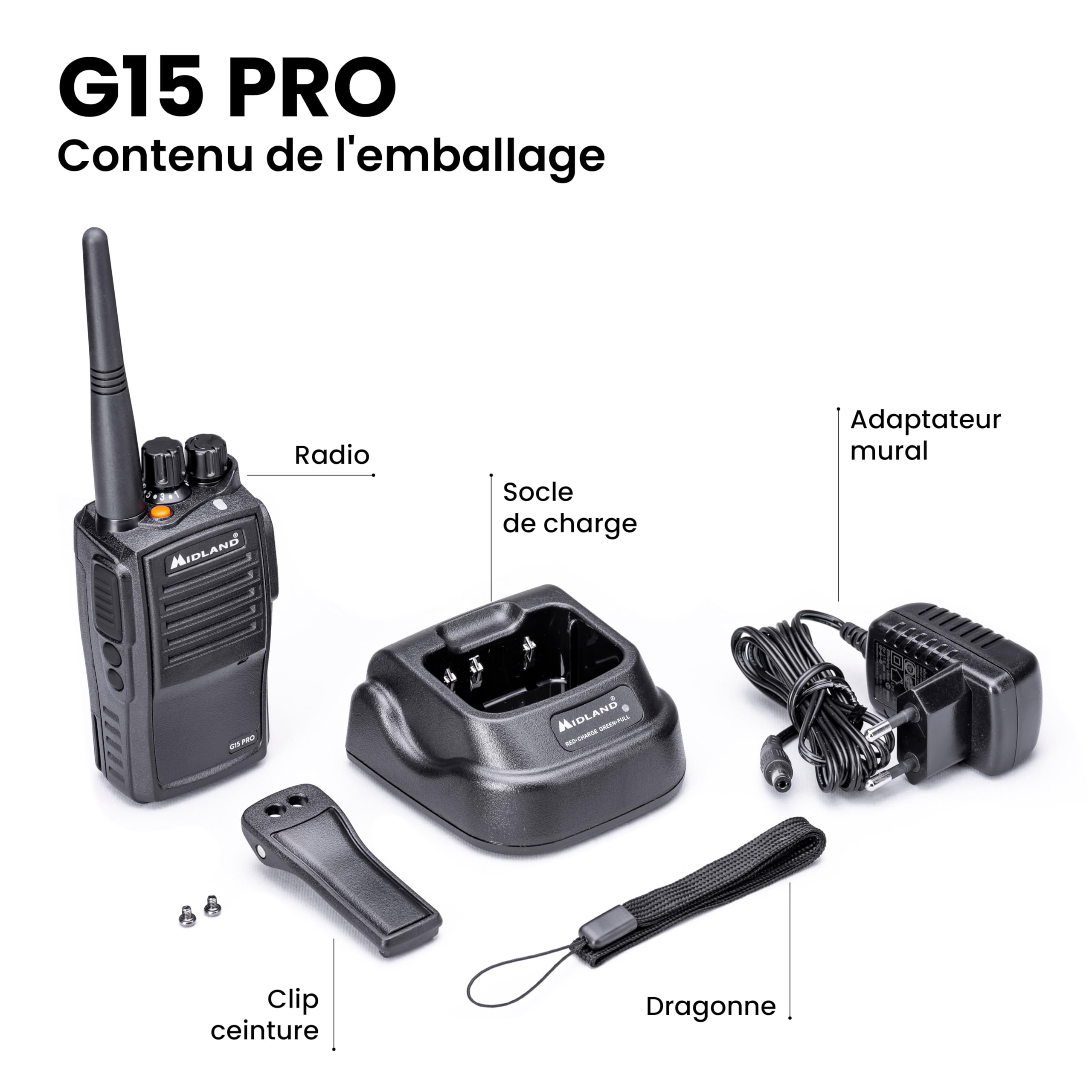 Midland G15 Pro Noise Cancelling C1127.04 - Talkie Walkie PMR 446, Fonction réduction de Bruit, IP67, 32 Canaux, Autonomie 22H, Portée Max de 12km