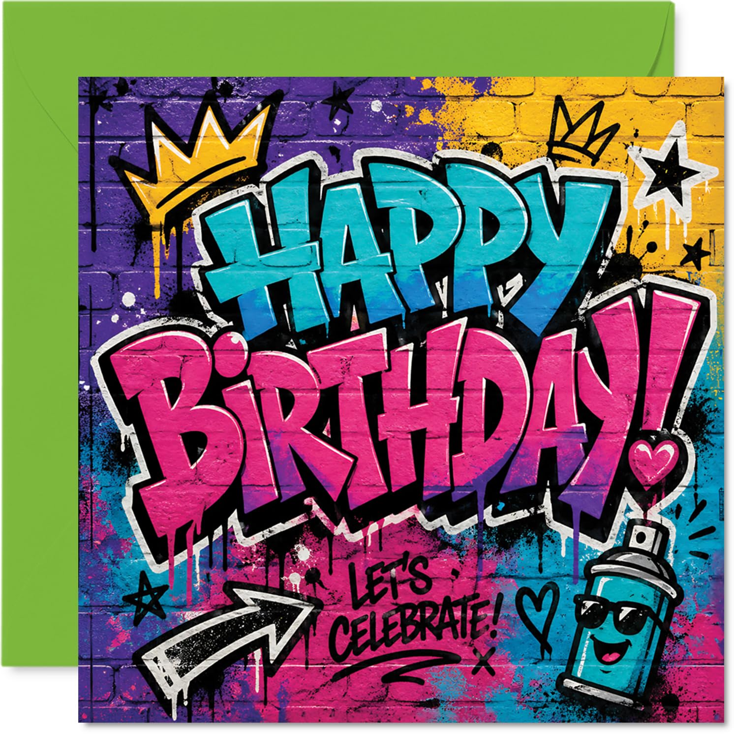 Playful Birthday Card - Bursting with Birthday Energy - Vibrant Graffiti Art in Bold Blue, Pink and Yellow - 145mm Square, Envelope Included