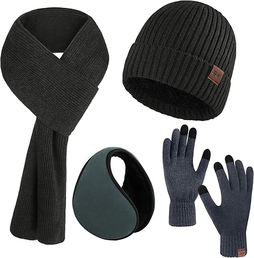 Aneco 4 Pieces Winter Beanie Set for Men and Women Thermal Fleece Lined Knit Hat Touchscreen Gloves Long Scarf Earmuffs Set