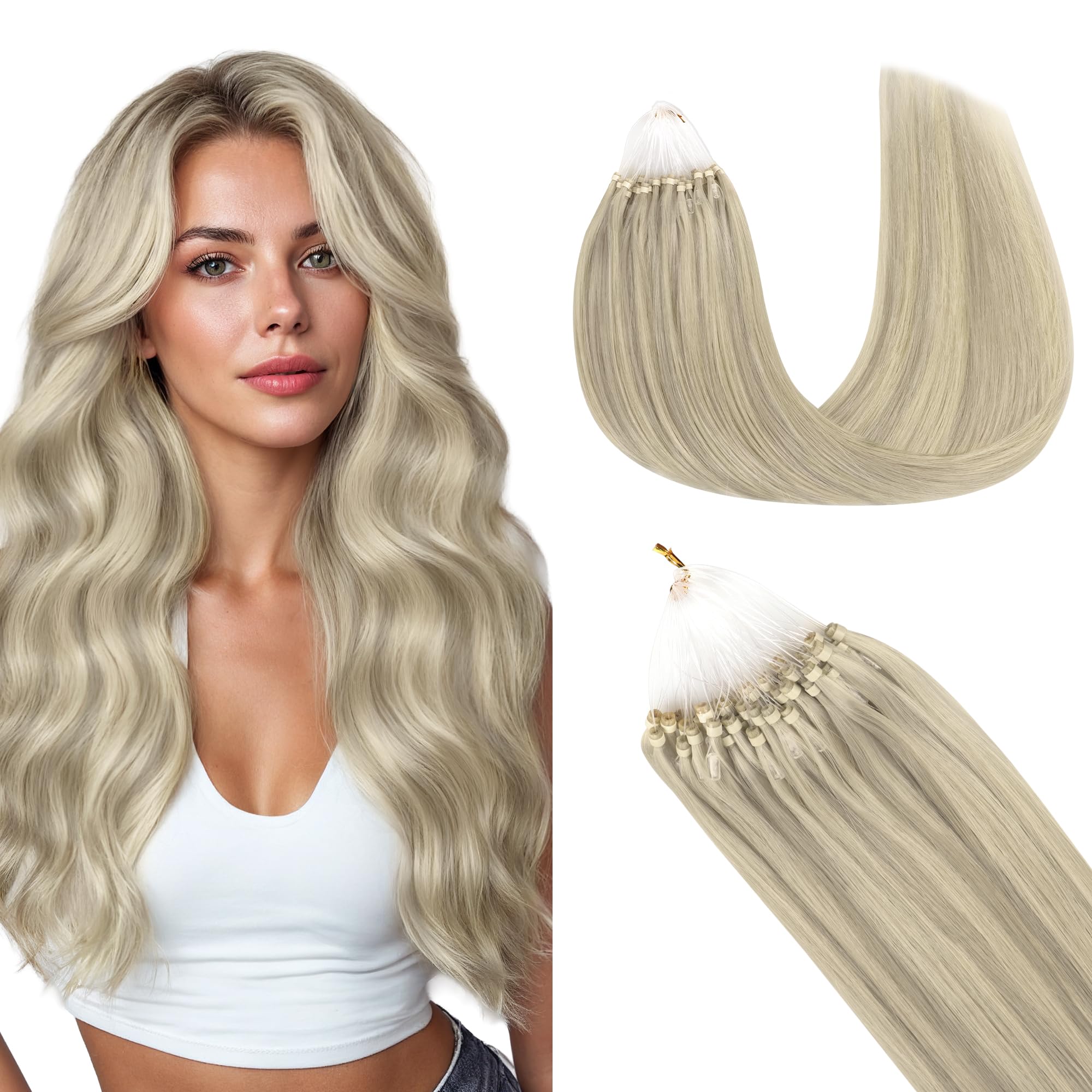 GOO GOO Dopinki z mikro-ringami, prawdziwe włosy, przedłużki z mikro-pętelkami, 35 cm, 50 g, 1 g/plaża, doczepiane włosy, mikro-pierścienie, Cold Fusion, mikro-koraliki, 17A/60A, popielaty blond