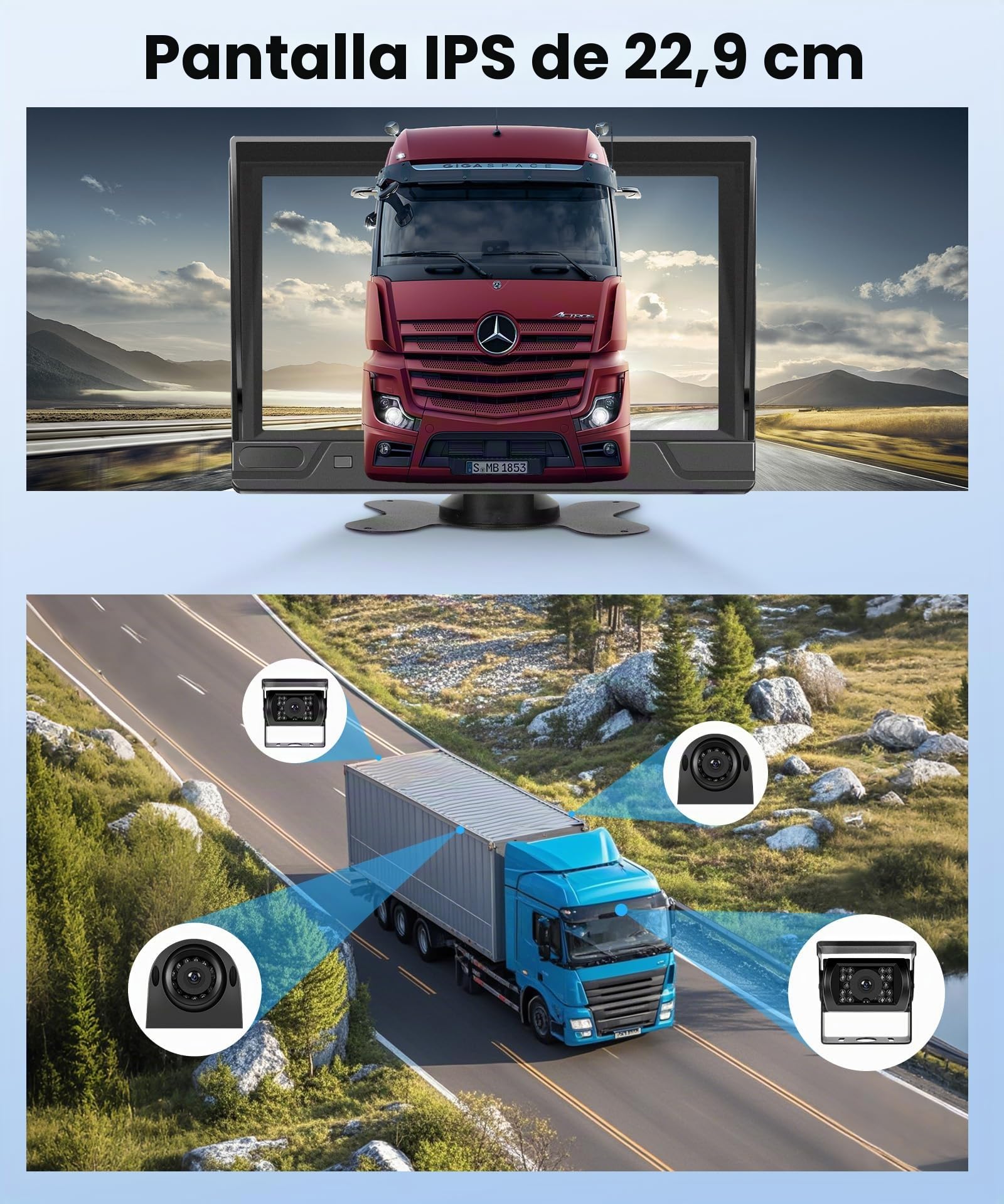 Cámara de Marcha Atrás de Coche con 4 Cámaras, 9 Pulgadas Monitor IP68 Impermeable Visión Nocturna DVR Bucle de Vídeo Camara Trasera con 35M Cable para Camión/Autobús/Furgoneta/Autocaravana/Remolque