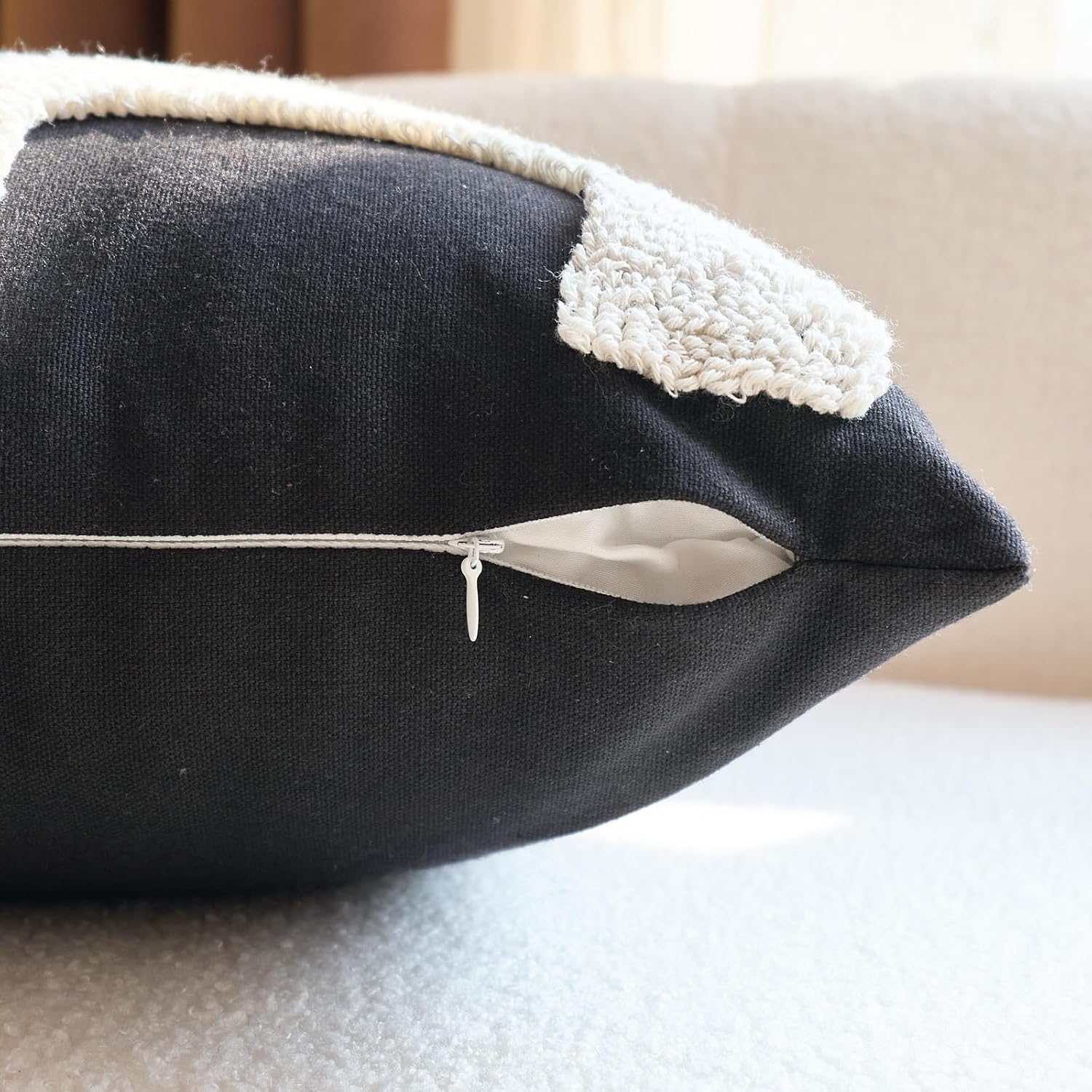 Black White Geometric Tufted Decorative Throw Pillow Cover，Chunky Boho Minimalist Modern Pillow Case，Mid Century Woven Abstract Pillow Sham for Bed Couch Living Room，18x18 inches, 1PCS - Image 7