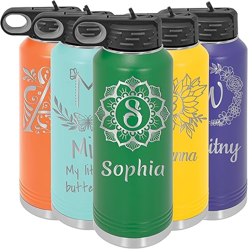 Miniatura 27 de Botellas de agua personalizadas con tapa abatible y pajilla, termo deportivo personalizado de acero inoxidable grabado, monograma personalizado
