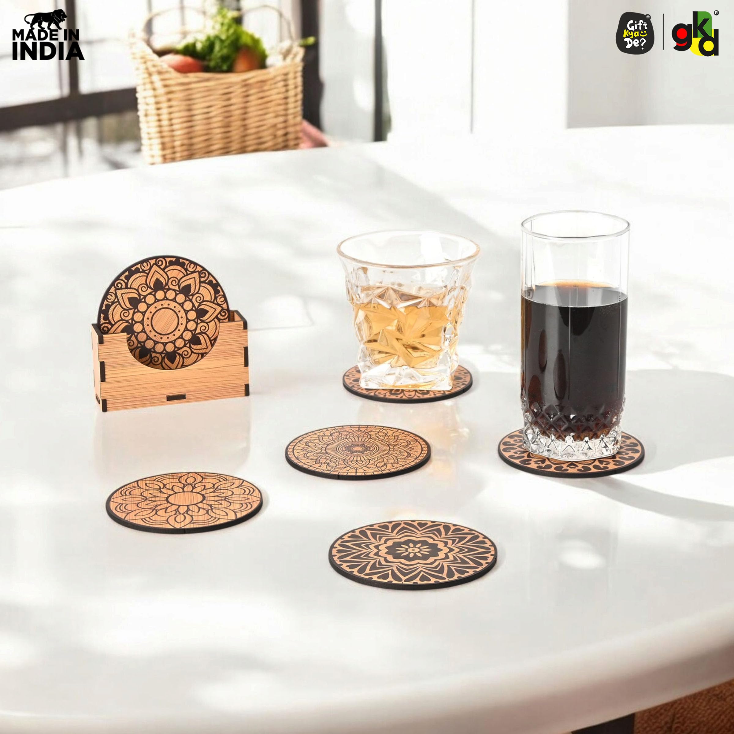 Gift Kya De Gkd Coaster Set Of 6 Mandala Art Wooden Coasters With Proper Coaster Stand Coaster Set Fit For Tea Cups, Coffee Mugs And Glasses (3.5 X 3.5 Inch) (Bamboo Ecofriendly) 3