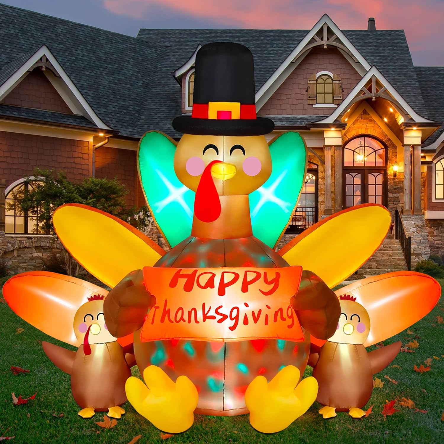 Danxilu 8FT Long Thanksgiving Inflatable Turkey Outdoor Decorations, Huge Inflatable Turkey with Chicks & Banner Built-in Rotating Colorful Lights Blow Up Yard Decoration for Party Holiday Garden 8FT-3 Turkeys