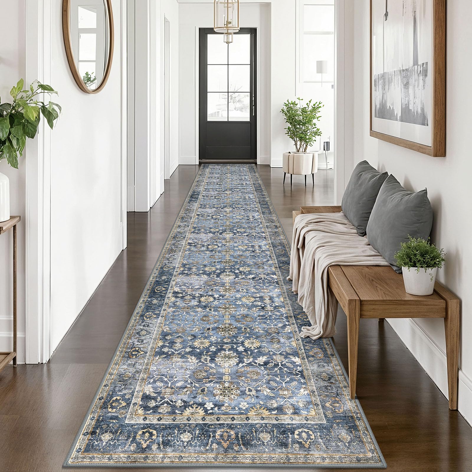 KUTA Vintage Washable Runner Rug 2.6x14, Non-Slip Hallway Kitchen Runners Blue Grey Beige with Rubber Backing, Ultra Soft Printed Distressed Extra Long 14ft Carpet Rugs Indoor for Stairs