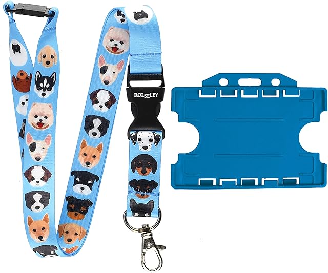 Rolseley Lanyard Neck Strap Dog Breeds Puppies Pattern with Metal Clip, Plastic Safety Breakaway + Light Blue Double-Sided Card Holder