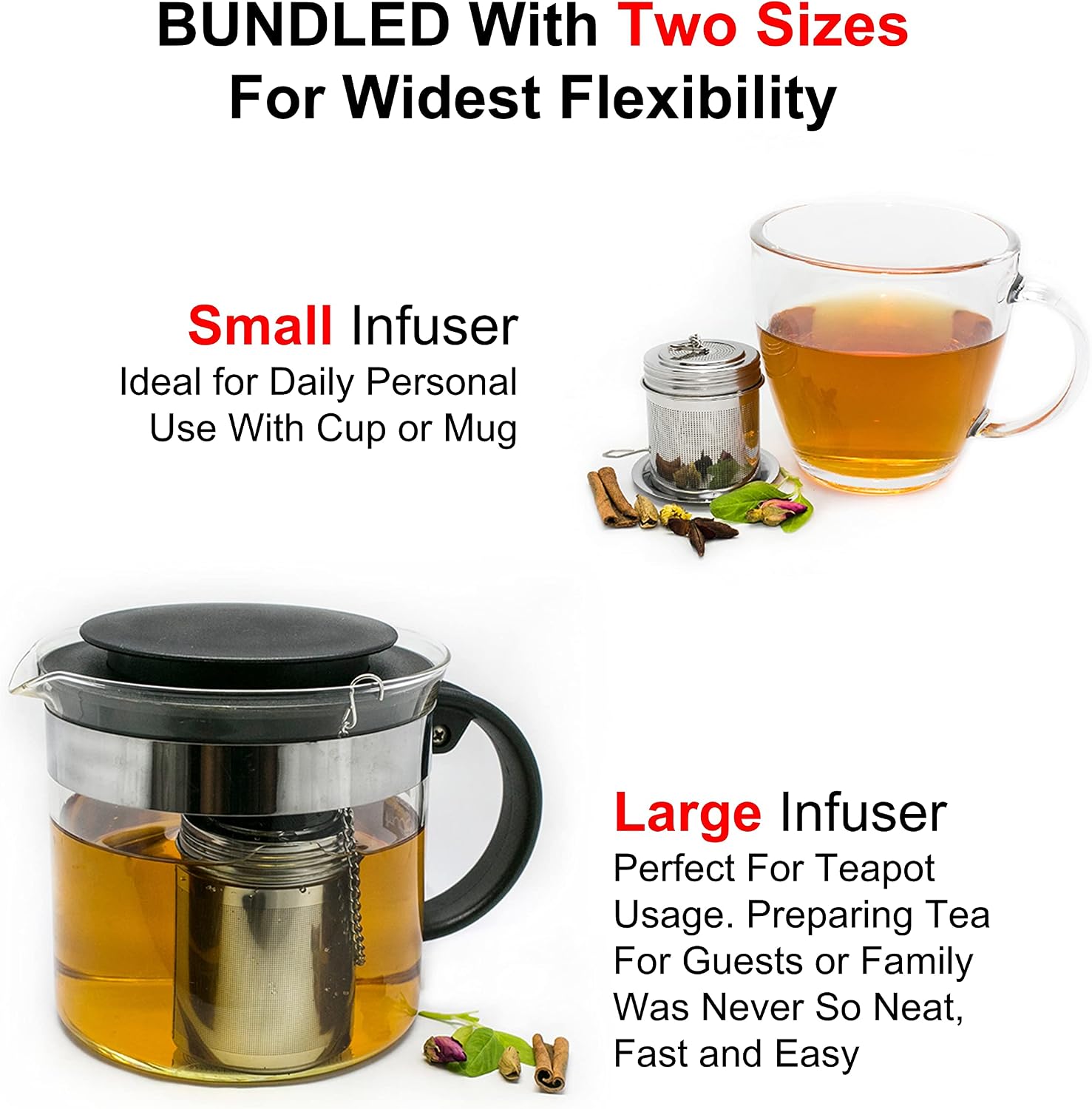 URBAN ESCAPE Tea Steeper For-Loose Tea Leaf (2 PACK-LARGE for Teapot/Kettle & SMALL for Mug/Cup 20oz) Tea Infuser Tea Diffuser Extra Fine Mesh Stainless Steel Tea Strainer Ball Colador Infusor té