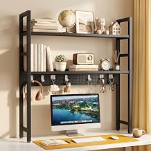 Brakki 2-Tier Desk Shelf, Desk Hutch Bookshelf, Desktop Shelf Bookcase with Pegboard and Hooks for Computer Monitor, Metal Desktop Hutch Storage Organizer for Dorm Home Office, 30" W, Black