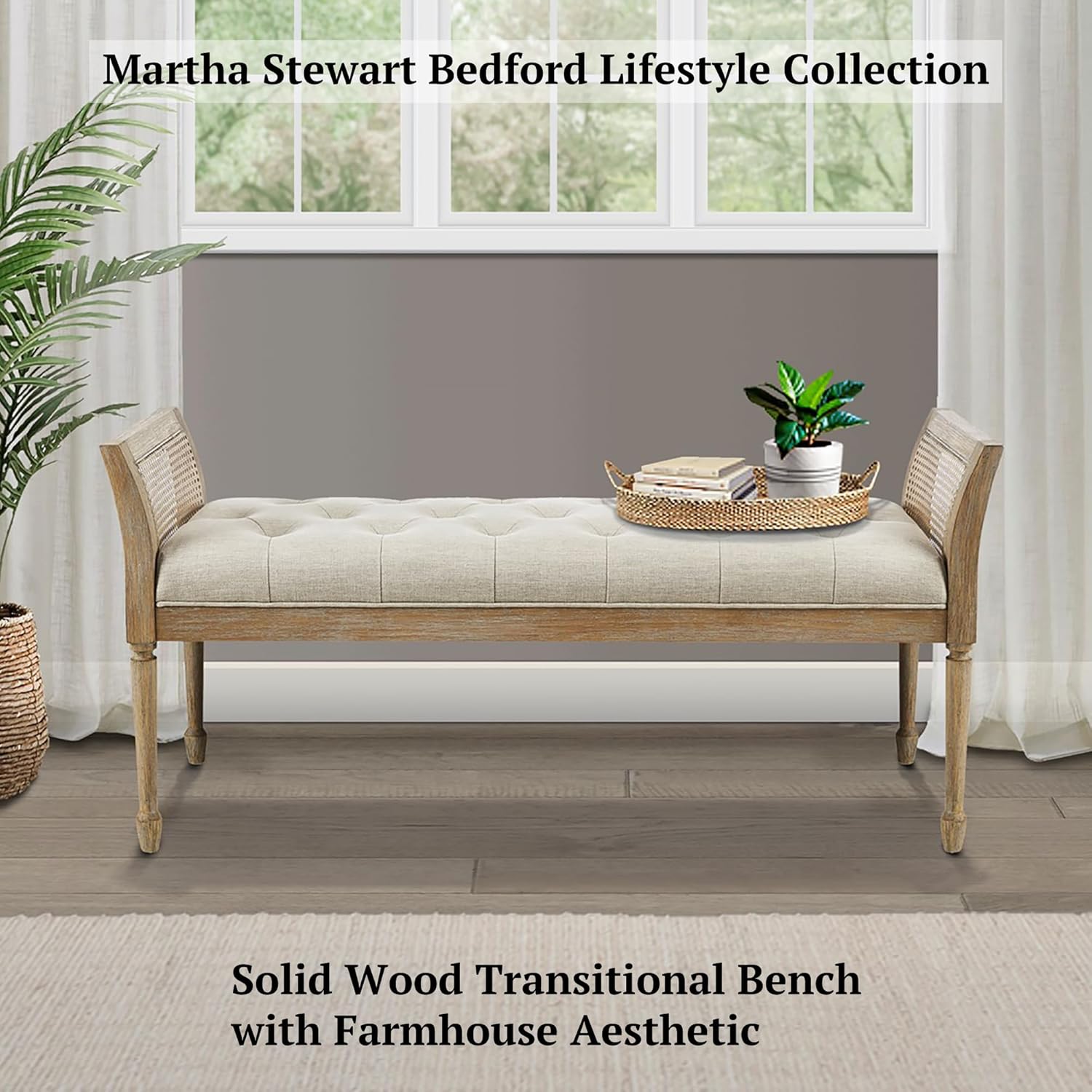 Martha Stewart Isla Entryway Accent Bench for Living Room Bedford Collection, Tufted Seat, Cane Side Frames, Farmhouse Bed End Bench for Bedroom, Indoor Seating, Reclaimed Finish, 48.5" Wide Natural
