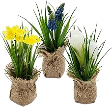 Spetebo Decorative Artificial Flower in Jute Bag 19 cm - Set of 3 - Artificial Plant Small with Flowers and Sheets in Pot - Table Decoration Art Spring Flower Indoor Plant Daffodil Hyacinth Crocus