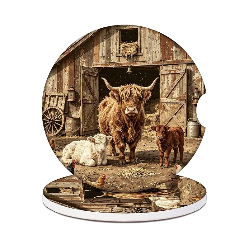 Porta-Copos para Carro Highland Cow Farm em Cerâmica Absorvente com Base de Cortiça GAMSJM, 2 unidades