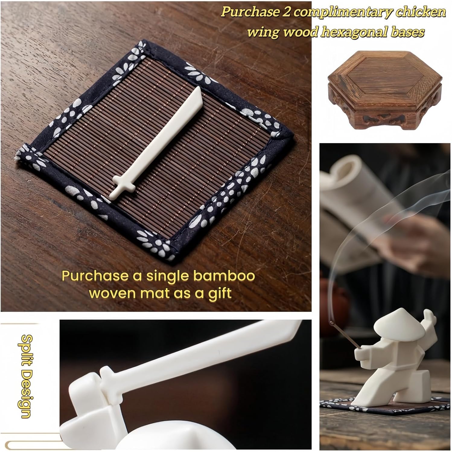 Ceramic Samurai Incense Holder & Tea Pet - Hand-Painted Japanese Warrior Statue, Terracotta Zen Decor for Home/Office (3.5", White/Green) (WhiteAB)