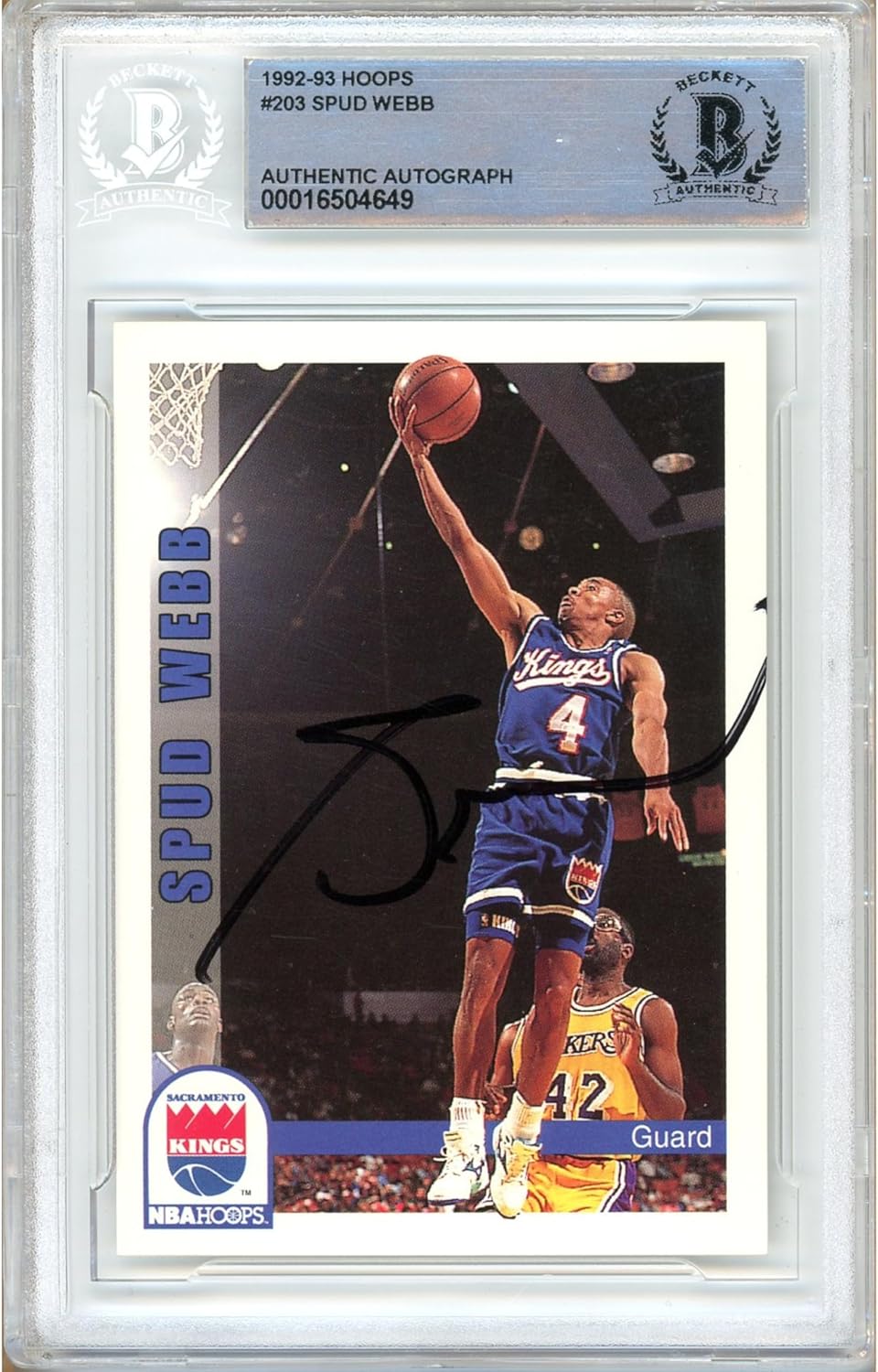 Spud Webb Autographed 1992 1993 Hoops #203 Basketball Trading Card Slab Beckett BAS Authentic Slabbed COA Played For Sacramento Kings NBA