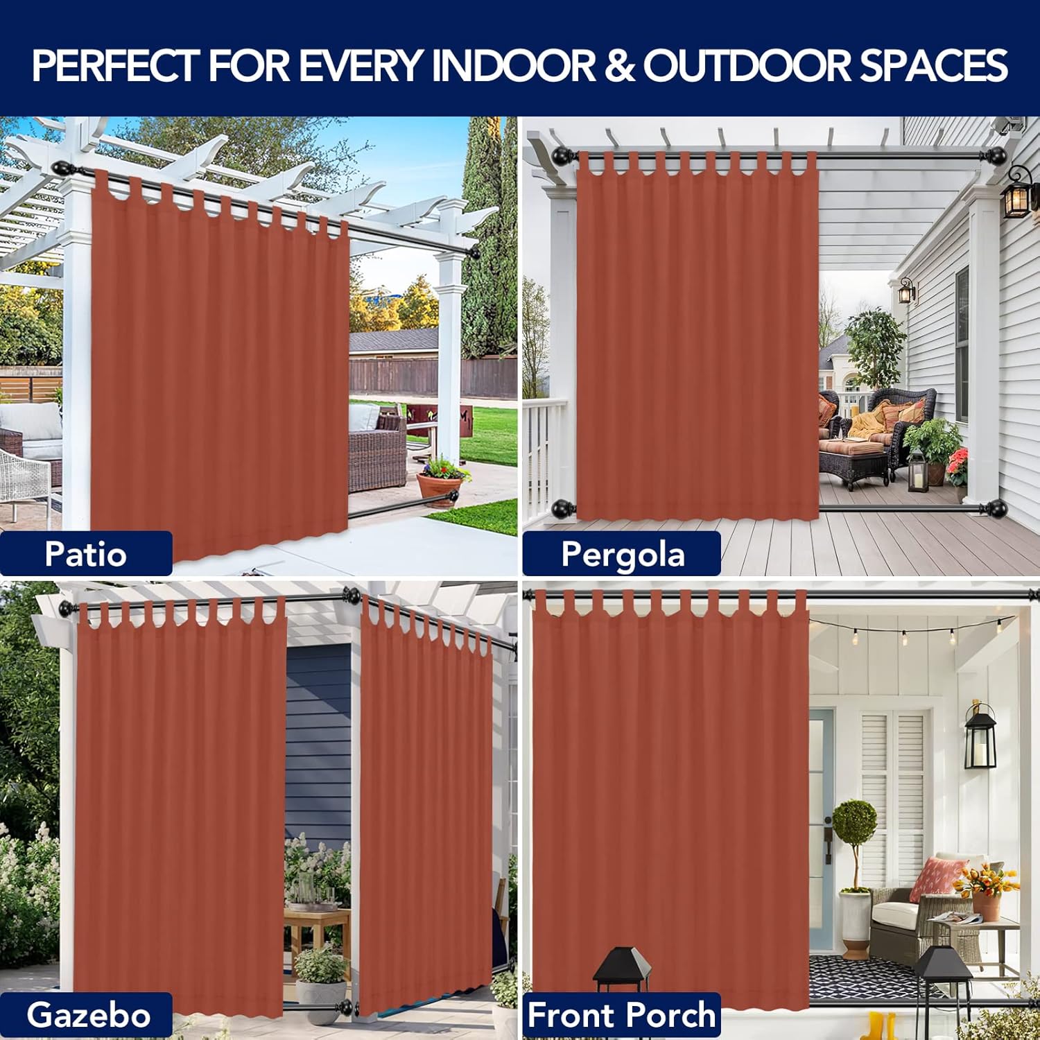 PureFit Outdoor Curtains for Detachable Sticky Tab Top Patio Waterproof/Weatherproof, UV and Fade Resistant Outside Curtains for Gazebo, Porch, Pergola, Privacy Curtain, 110x84 in, 2 Panels, Terra Red