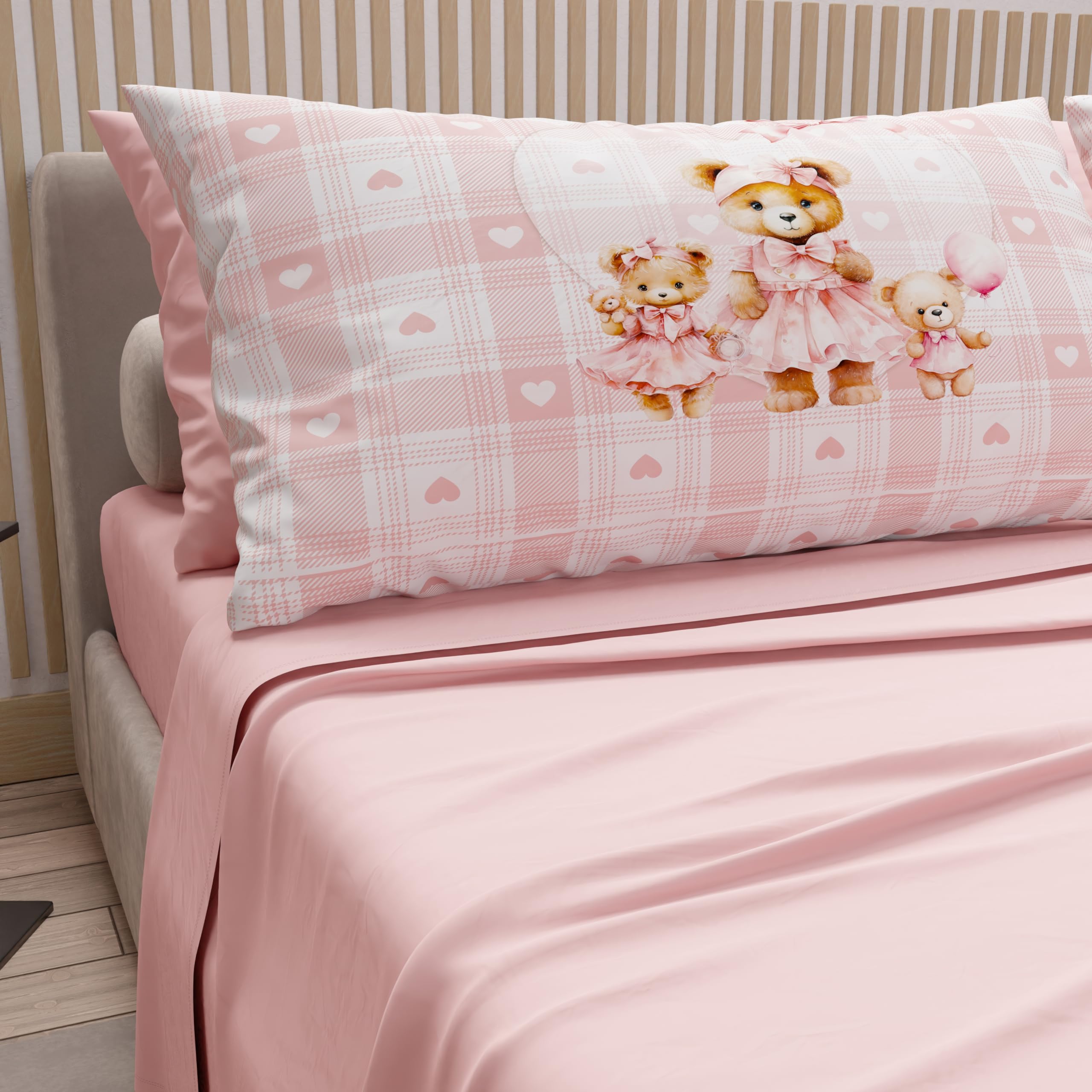 PETTI ARTIGIANI ITALIANI - Sábanas de algodón con Fundas de Almohada de Estampado Digital, tamaño Queen francés, j y sábana Bajera con Accesorios, Teddy Love Rosa empolvado, 100%
