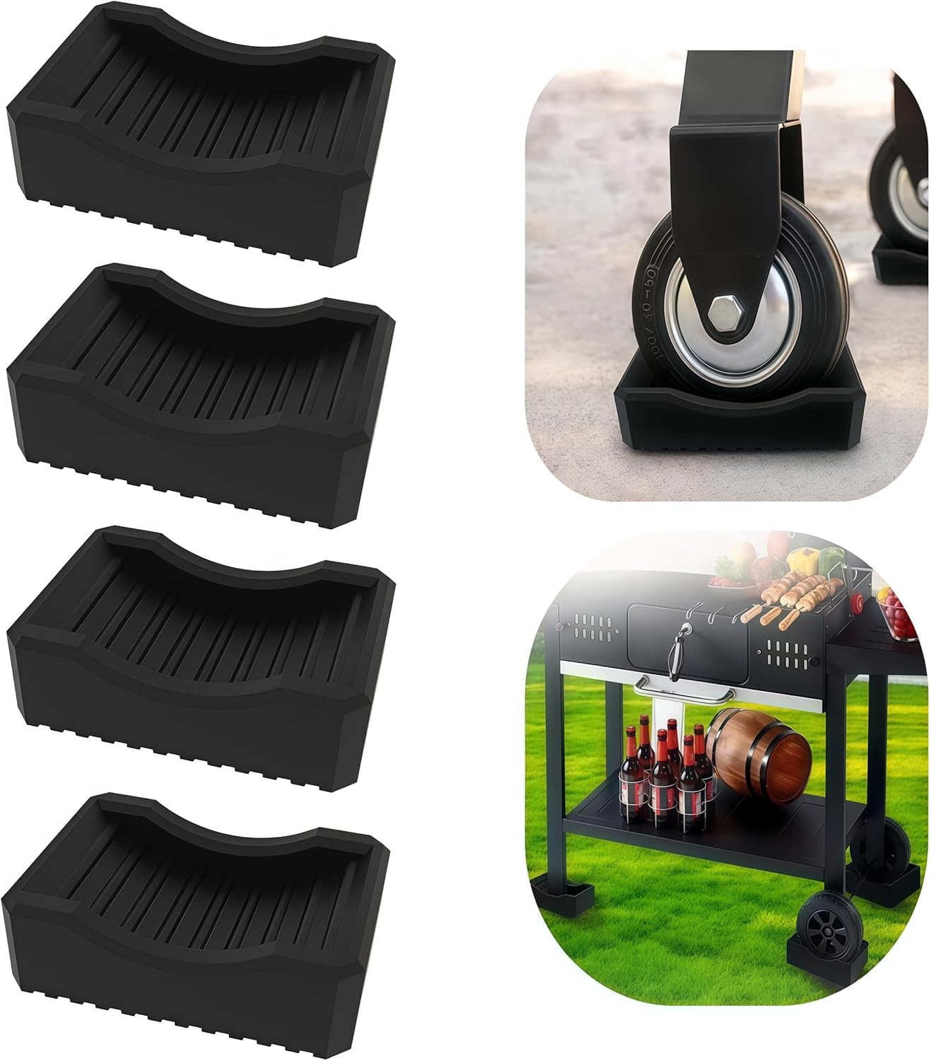Anti-Slip Caster Cups for Furniture & BBQ Grills, Stackable Silicone Non-Slip Pads for Wheels or Legs, Floor Protector for Indoor/Outdoor Use (4-Pack, Black)