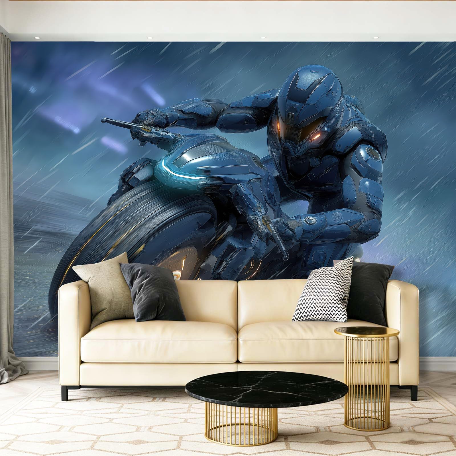Tapeta panoramiczna 400 x 280 cm, tło science fiction tapeta z motywem motocyklisty do zabaw i żłobka, ciemnoniebieska