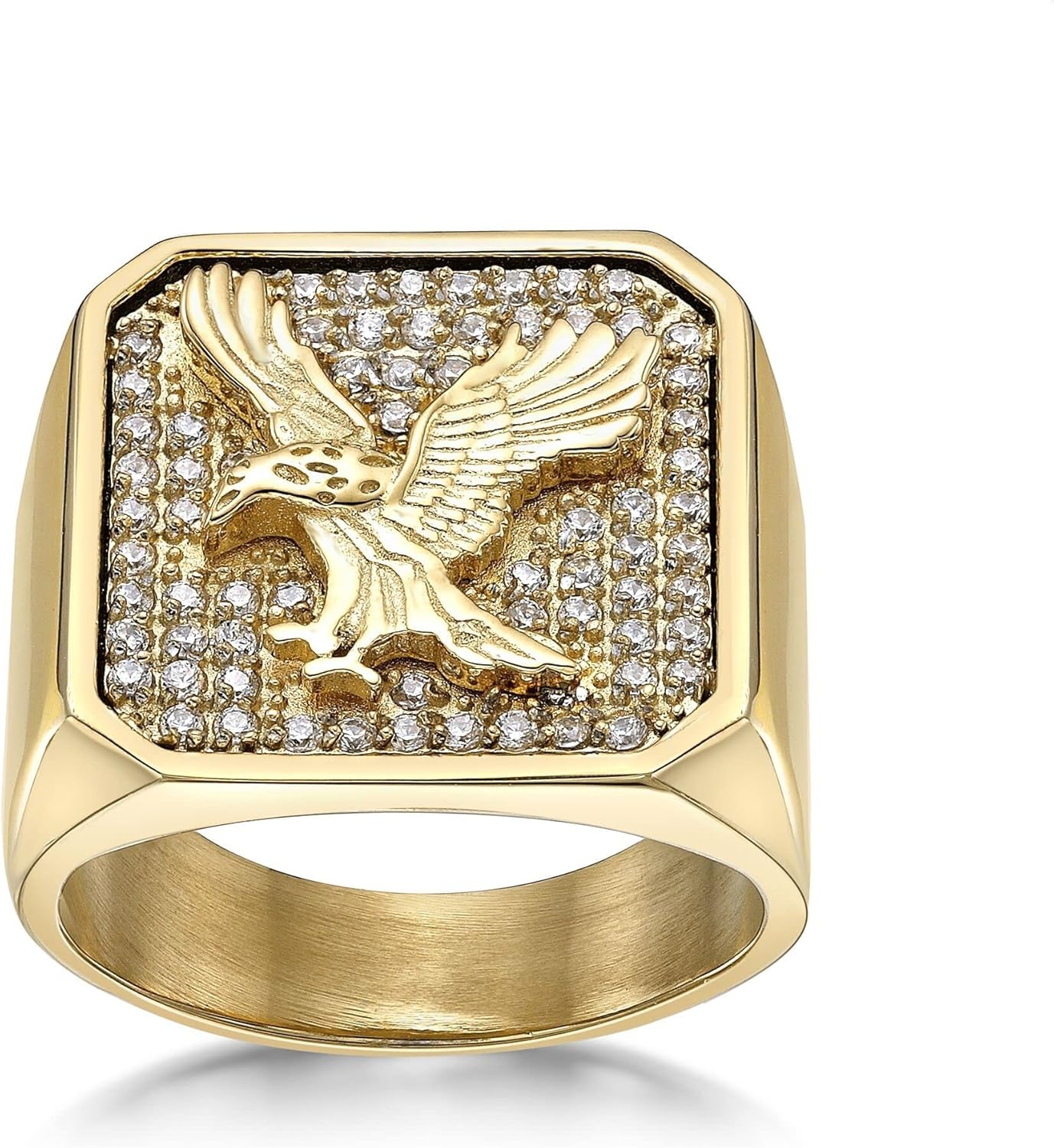 Metro Jewelry Eagle Signet Ring for Men in Stainless Steel with Yellow Gold Ion Plating and White Cubic Zirconia - Size 8 to 12