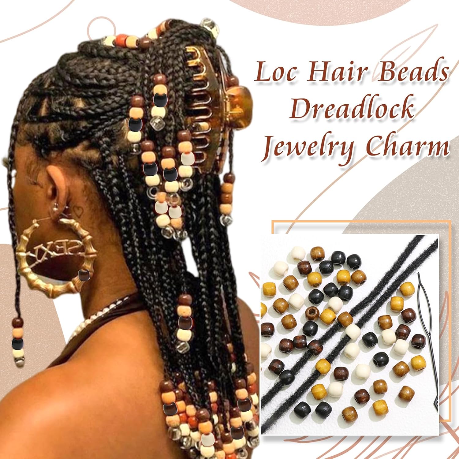 NAISKA 60Pcs Wooden Hair Beads for Braid 5 Color Natural Wood Bead Loc Dreadlock Accessories Hair Tube Cute Braids Decoration Jewelry Making Braid Clips for Women and Men - Image 5