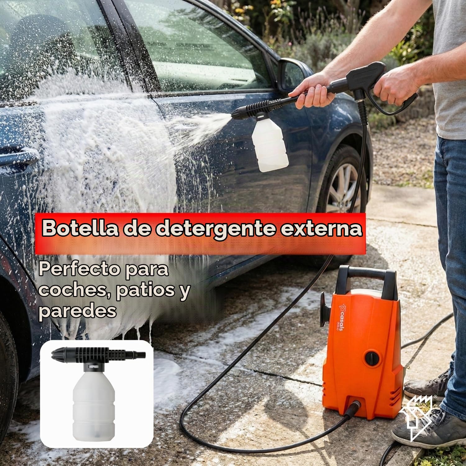CASALS - Hidrolimpiadora de Alta presión 1400 W con caudal de 375 L/H y 105 Bares de presión | Deposito para detergente hidrolimpiadora | Pistola de Agua a presión Ideal para Suelo terraza Exterior