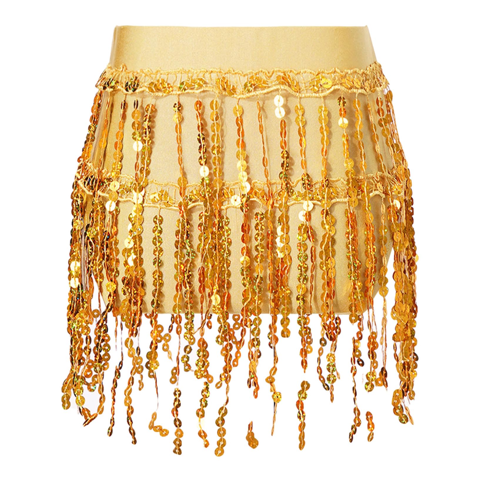 JanJean Belly Dance Skirt for Girls Cheer Leader Sequin Tassel Scarf Wrap Skirts Festival Party Performance Costume Yellow 12 Years