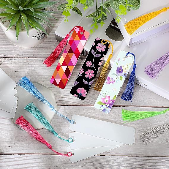 Tenare 30 Pieces Sublimation Blank Bookmarks Metal Heat Transfer Aluminum Bookmarks Bulk with Hole and Colorful Tassels for School Birthday Wedding DIY Projects and Gift Tag