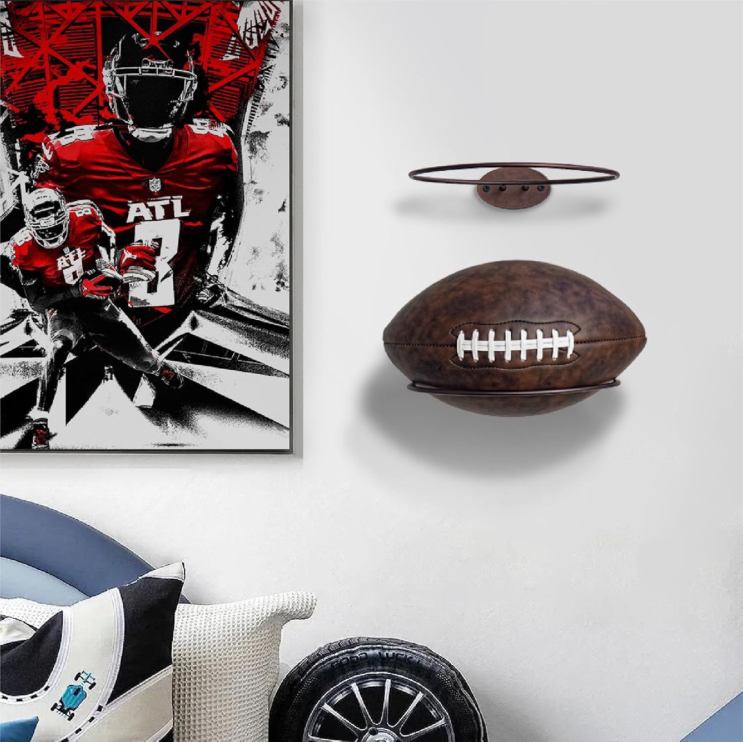 Set of 2 Wall Mounted Football Display Stands, Metal Ball Storage Rack for Sports Decor, Garage or Man Cave, Bronze
