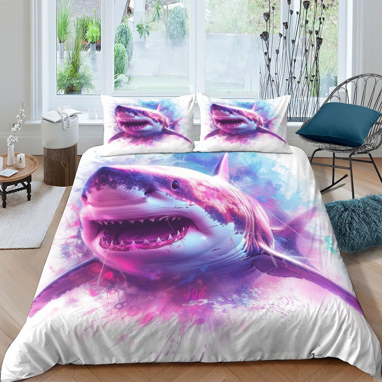 NRAOPEVVD Shark Duvet Cover Set with Pillowcase Duvet Quilt Cover 3D Bedding Set for Kids Boys Girls Teens Microfiber Comforter Cover Hidden Zipper Double（200x200cm）