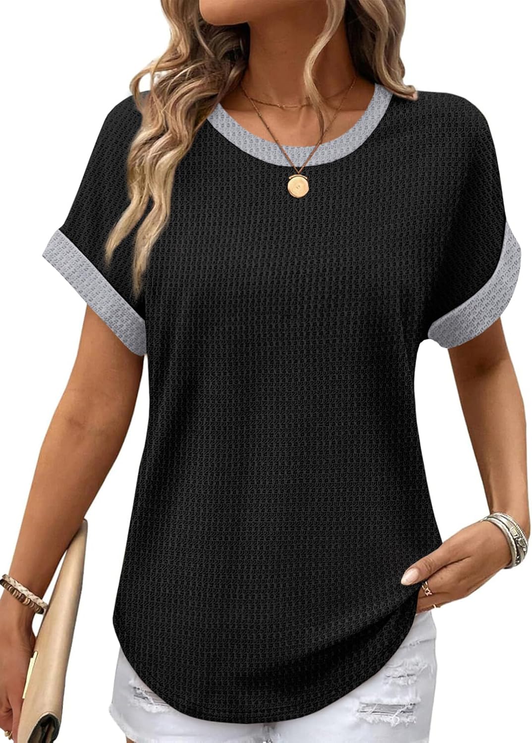 Sampeel Summer Tops for Women 2026 Trendy Rolled Short Sleeve Shirts Waffle Knit Crew Neck Tops Curved Hem Fashion Clothing