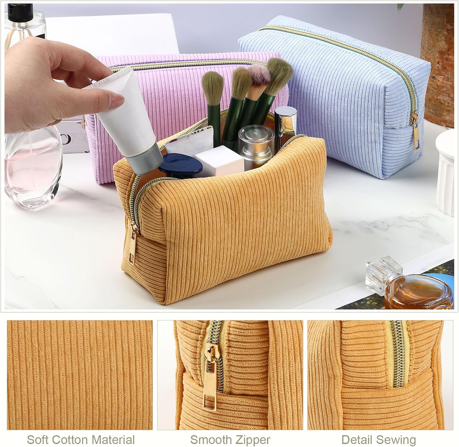 Paterr 6 Pcs Corduroy Makeup Bags Bulk Preppy Cosmetic Bag Fluffy Makeup Pouch Corduroy Cute Travel Handbags Zipper Organizer Toiletry Bag for Women Accessories Wedding Bachelorette Gift(Macaron)