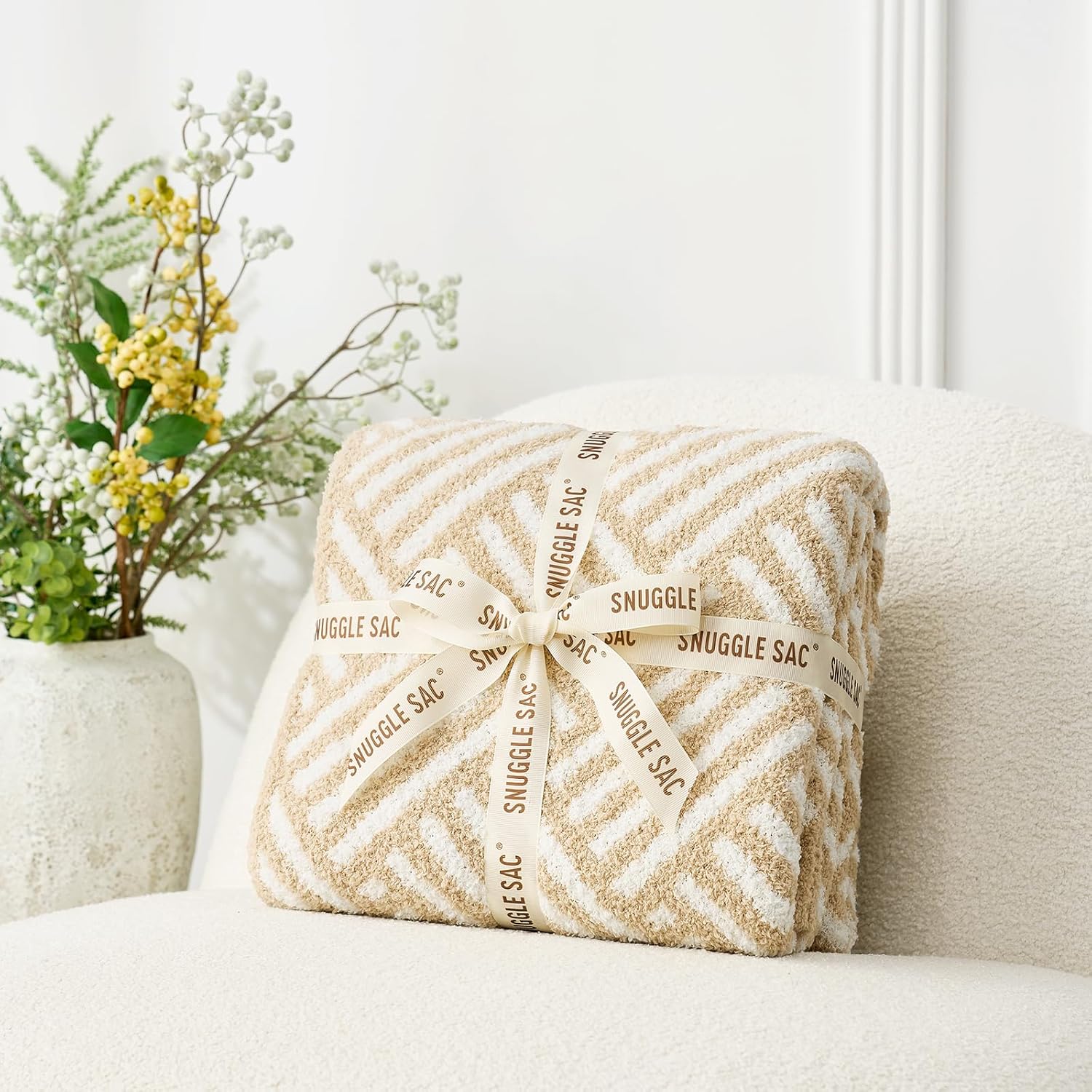 Snuggle Sac Ultra Soft Boho Throw Blanket for Couch Sofa Bed 50x60 inches, Reversible Beige Striped Blanket Microfiber Fluffy Fuzzy Cozy Knit Soft Throws Birthday Gifts for Women - Image 3